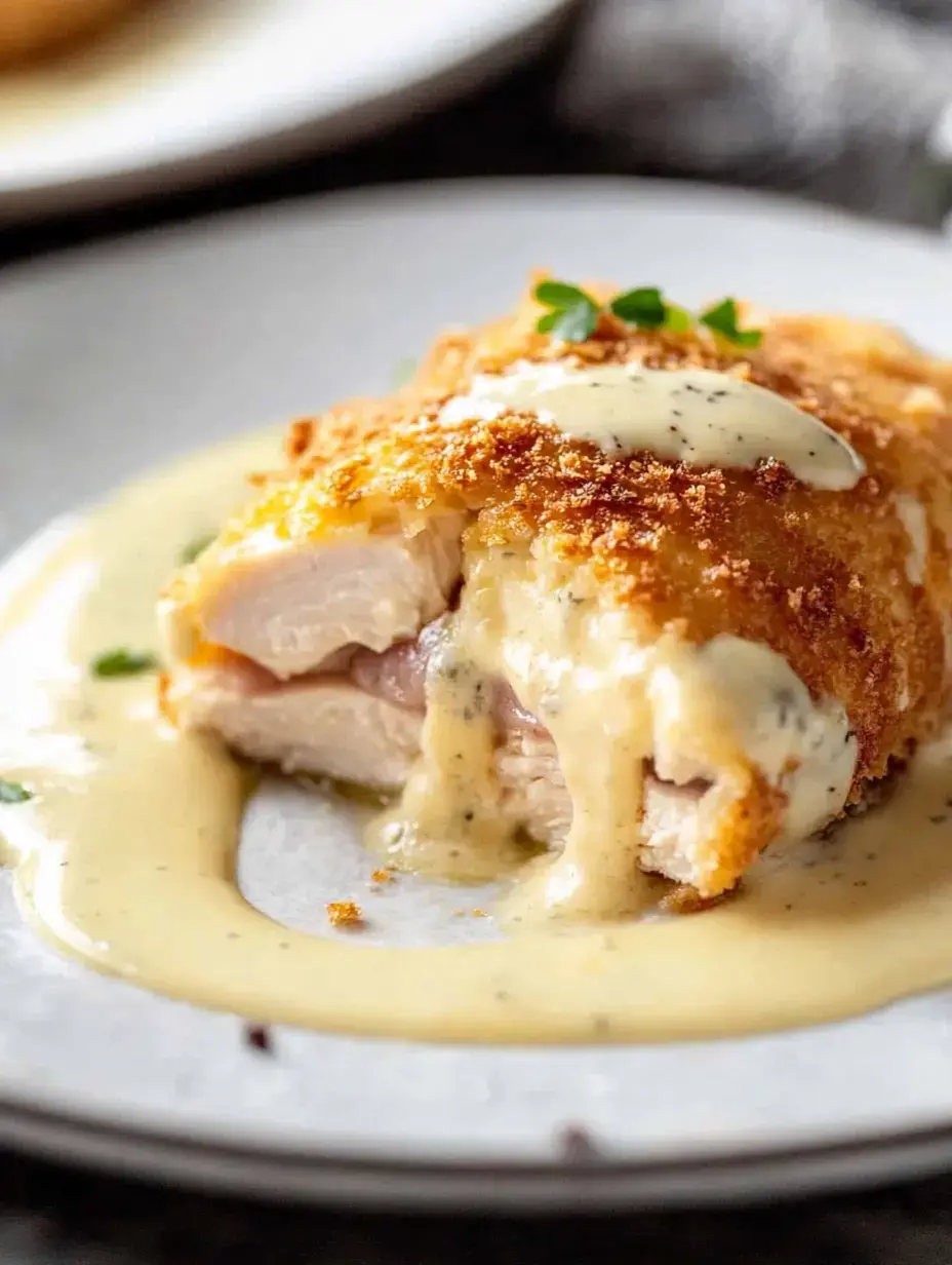 A breaded chicken piece with creamy sauce and herbs is served on a plate.