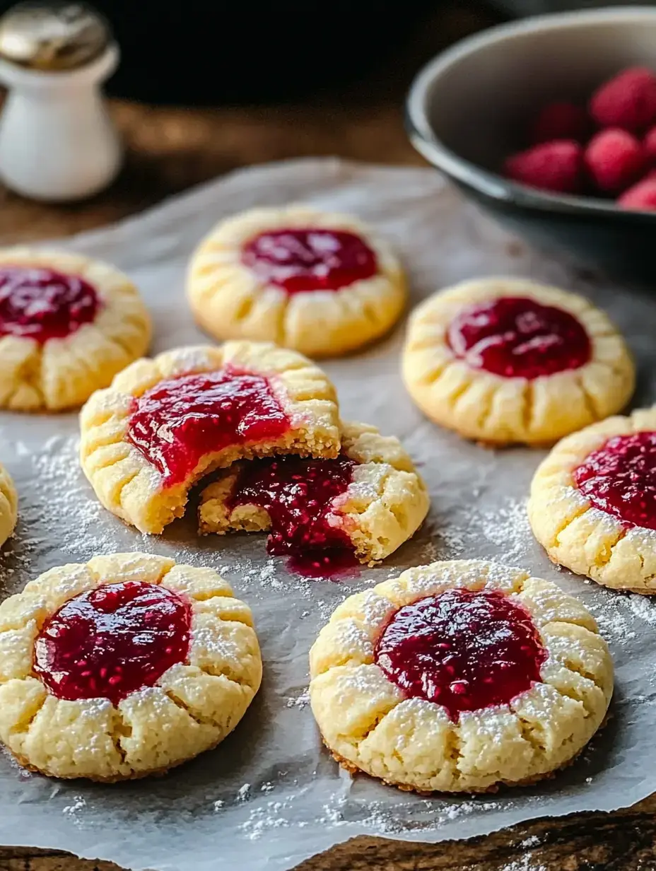 A plate of raspberry thumbprint cookies dusted with powdered sugar, with one cookie split open to reveal the fruit filling, alongside a bowl of raspberries.