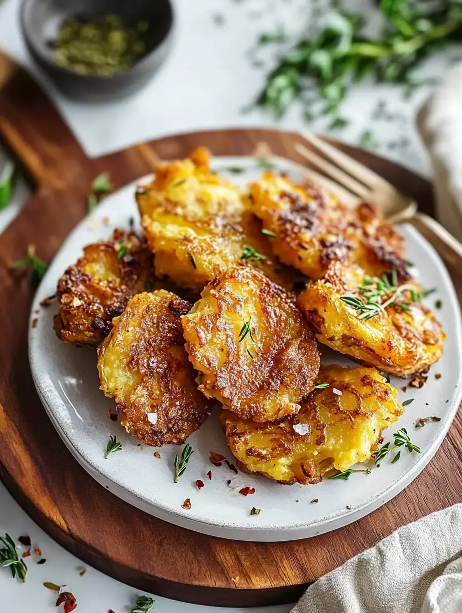 A plate of golden-brown fried potato cakes garnished with herbs and served on a wooden board.