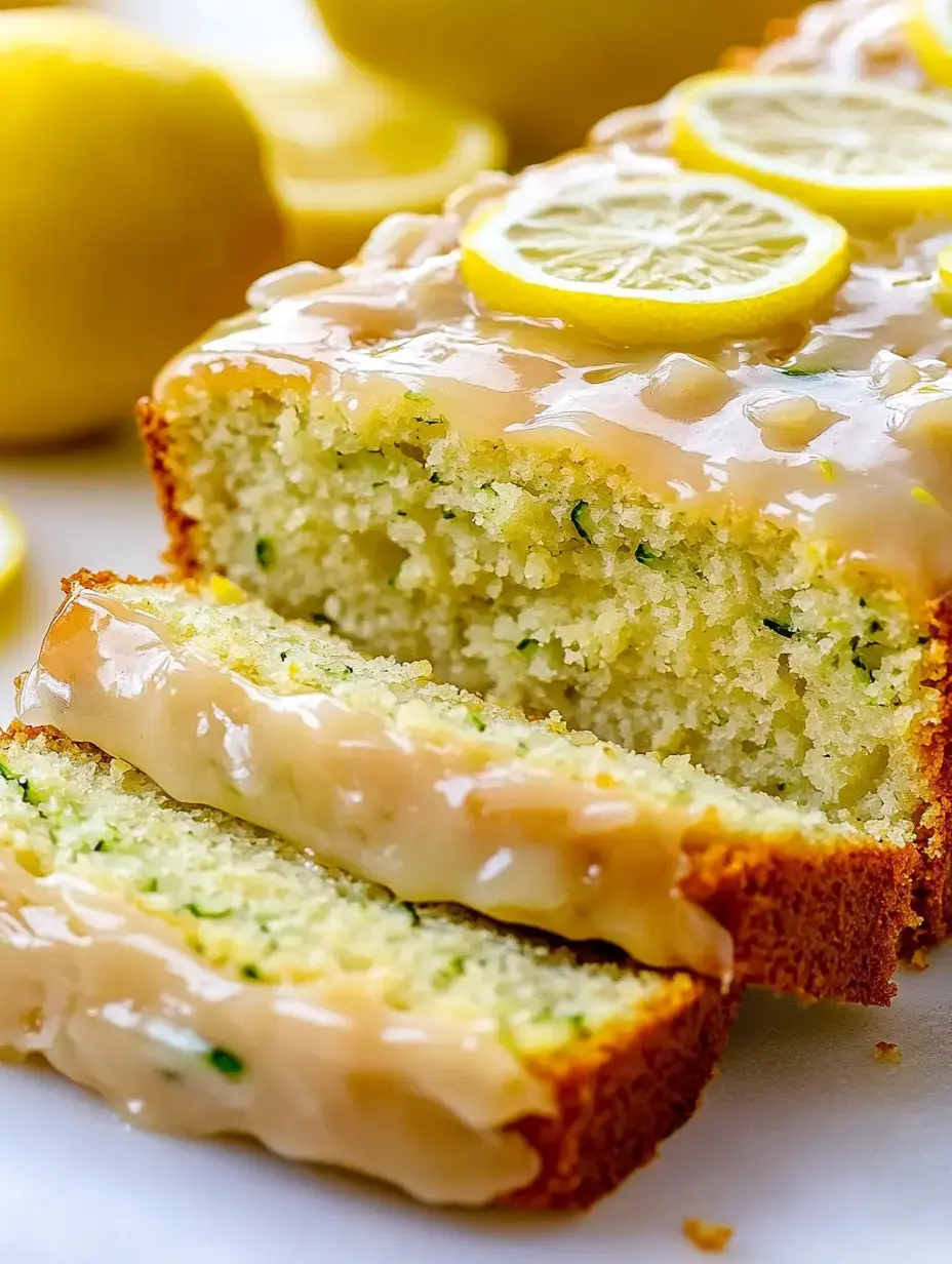 A sliced lemon loaf cake with a glistening glaze and lemon slices on top, accompanied by whole lemons in the background.