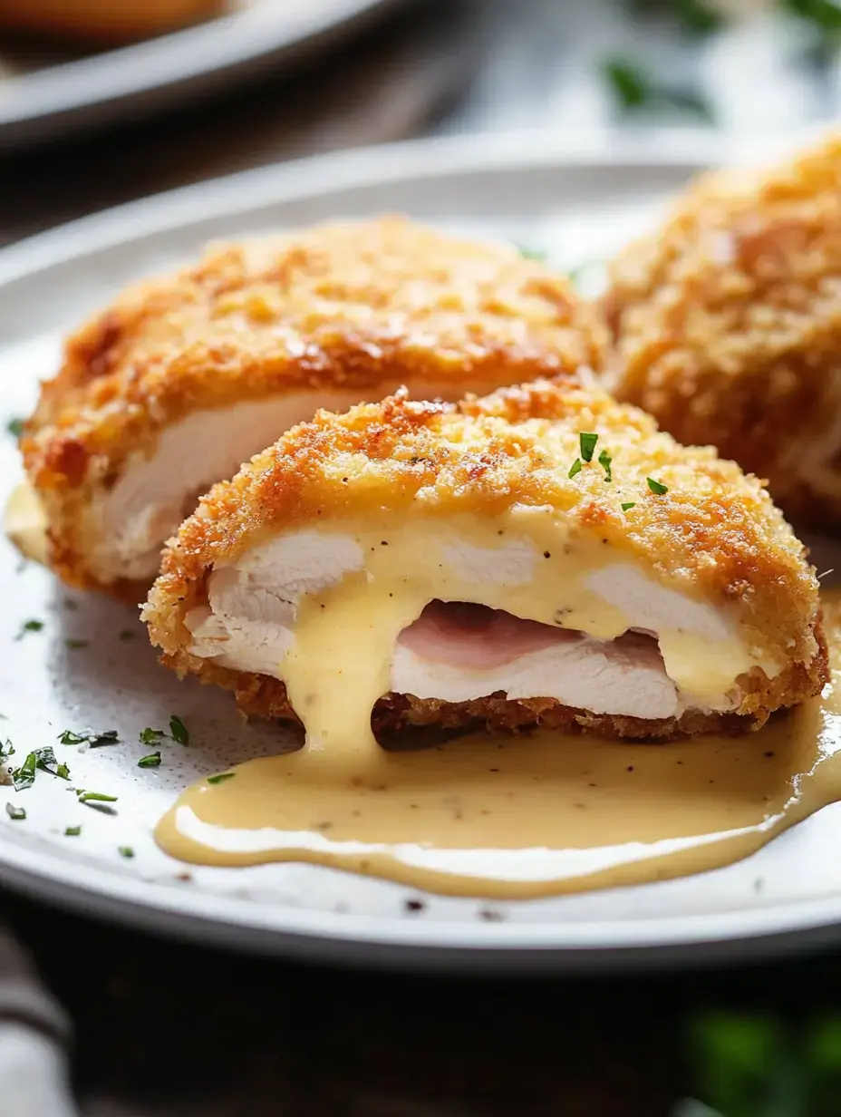 A close-up of a crispy, breaded chicken cutlet topped with creamy sauce, revealing tender chicken and ham inside, served on a plate.