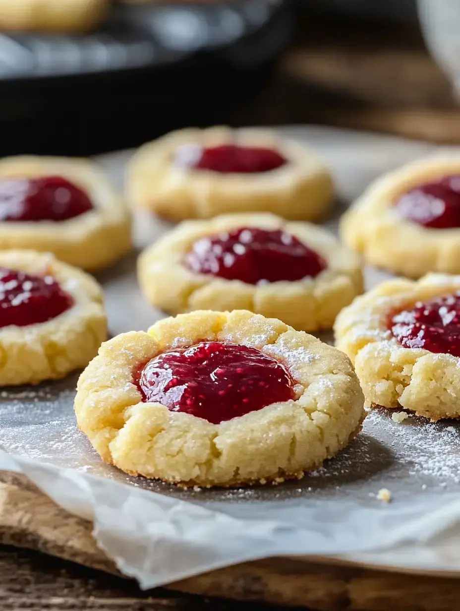 A close-up of freshly baked cookies with a red jam filling surrounded by a light dusting of powdered sugar.