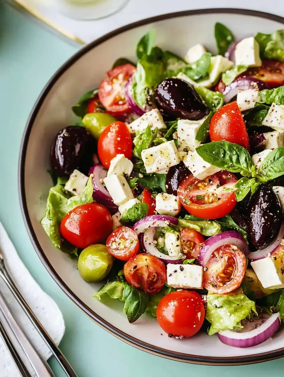 A fresh salad featuring cherry tomatoes, olives, lettuce, red onion, feta cheese, and basil, served in a bowl.