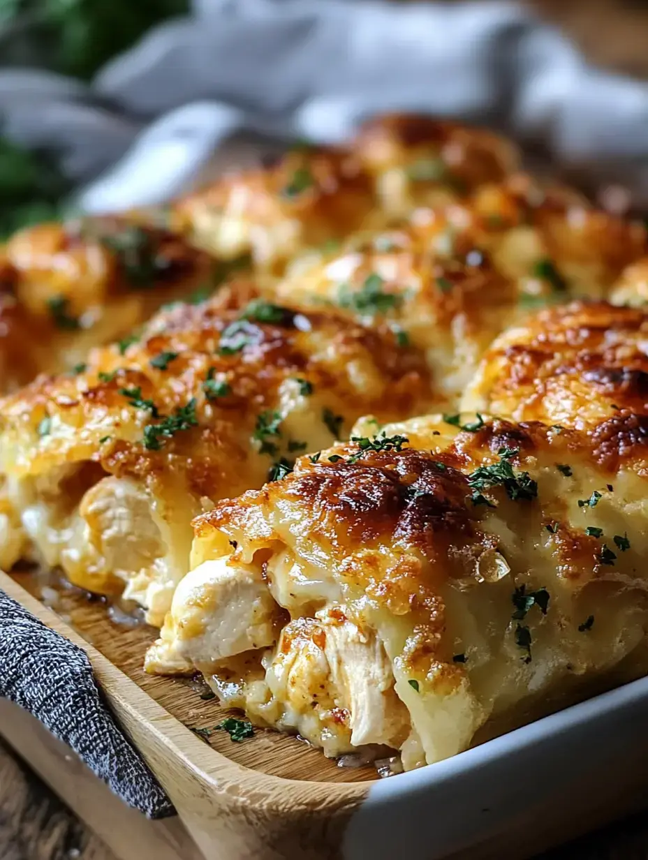 A close-up view of a golden-brown baked dish featuring chicken and cheese, garnished with parsley, served on a wooden cutting board.