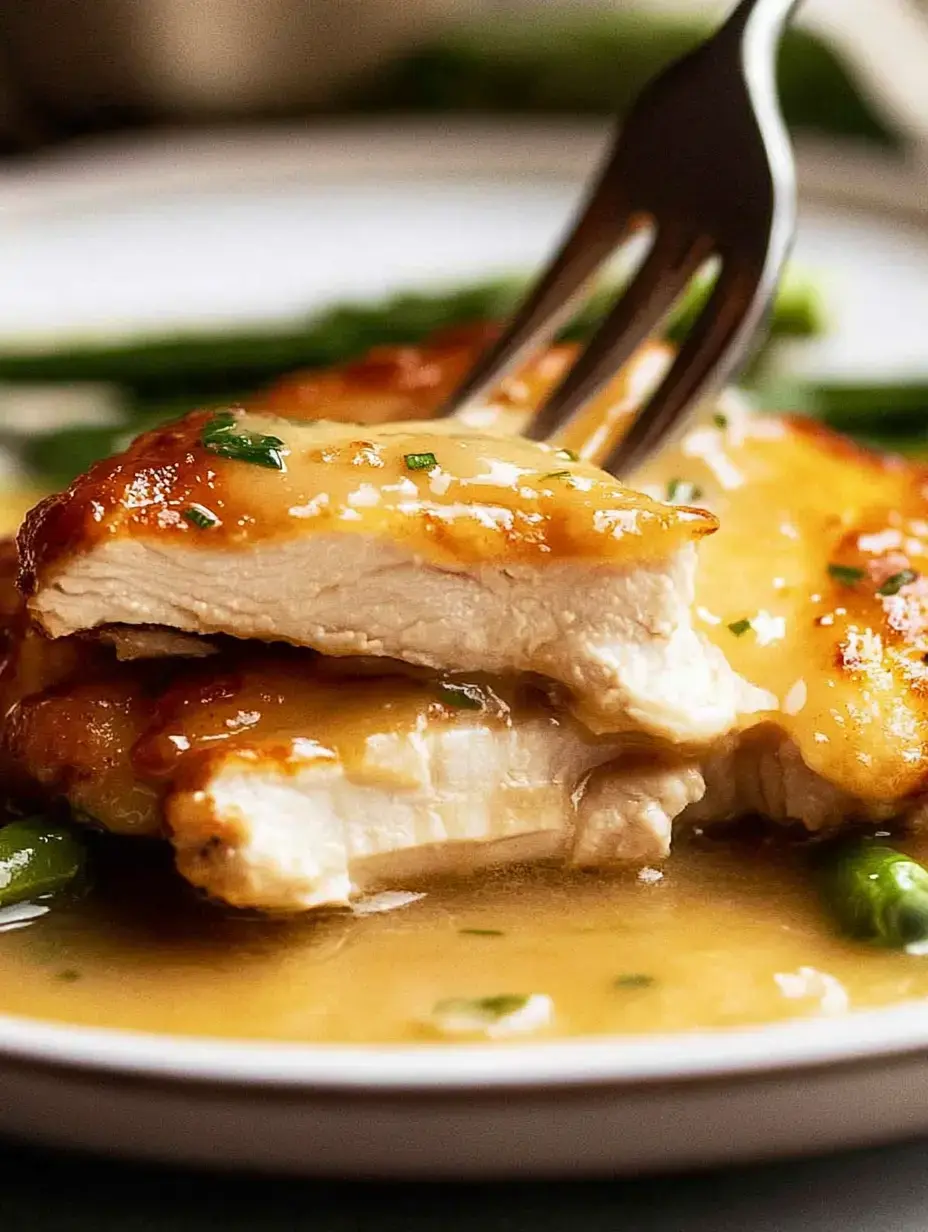 A close-up of a juicy piece of chicken topped with a golden sauce and garnished with herbs, served on a white plate alongside green beans.