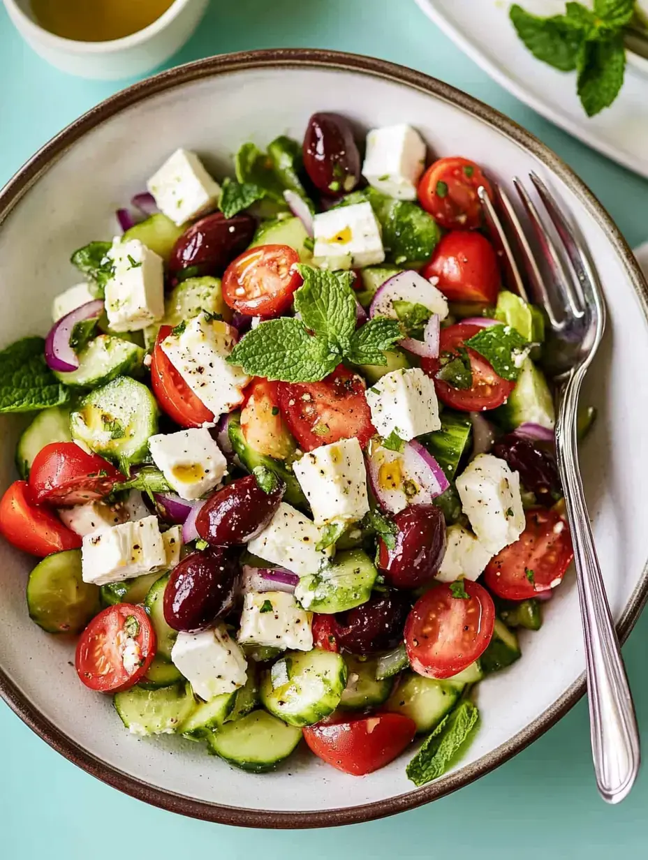 A colorful salad with cucumbers, tomatoes, red onions, black olives, and feta cheese, garnished with mint leaves, served in a bowl.