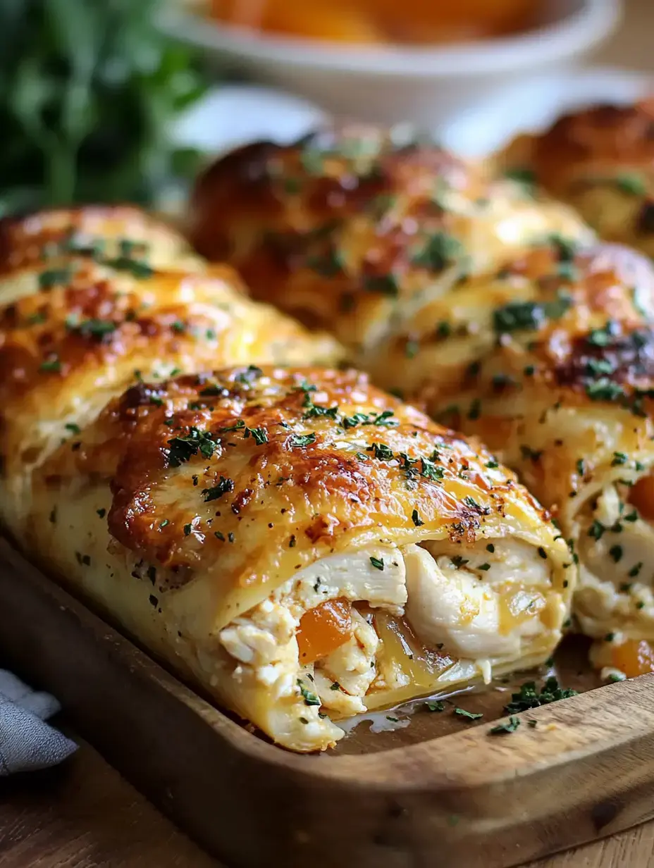 A close-up view of golden-brown rolled pastries filled with chicken and cheese, garnished with parsley, served on a wooden platter.