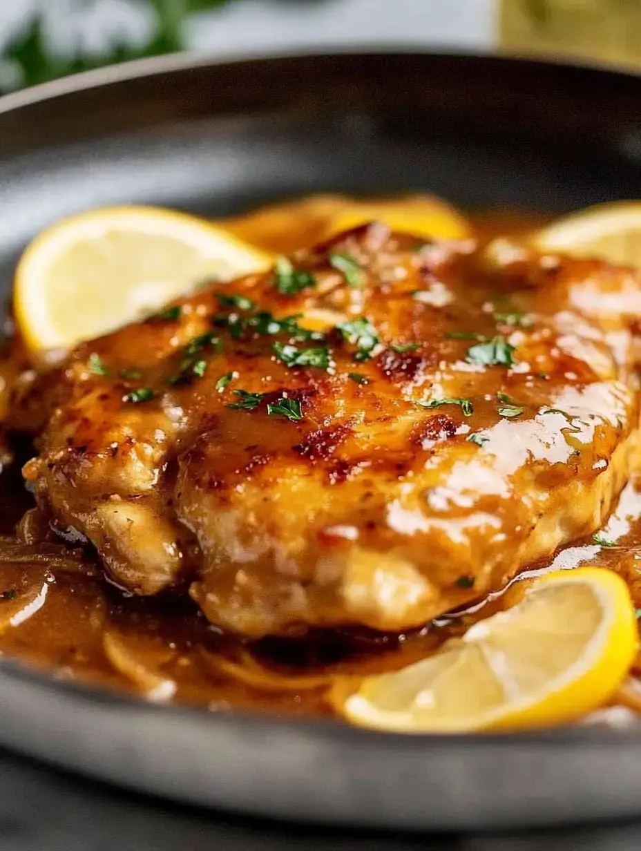 A plated piece of chicken garnished with parsley and served in a rich brown sauce alongside lemon slices.