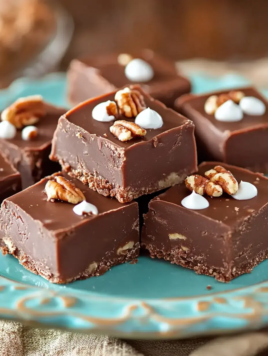 A plate of chocolate fudge squares topped with pecans and small dollops of white icing.