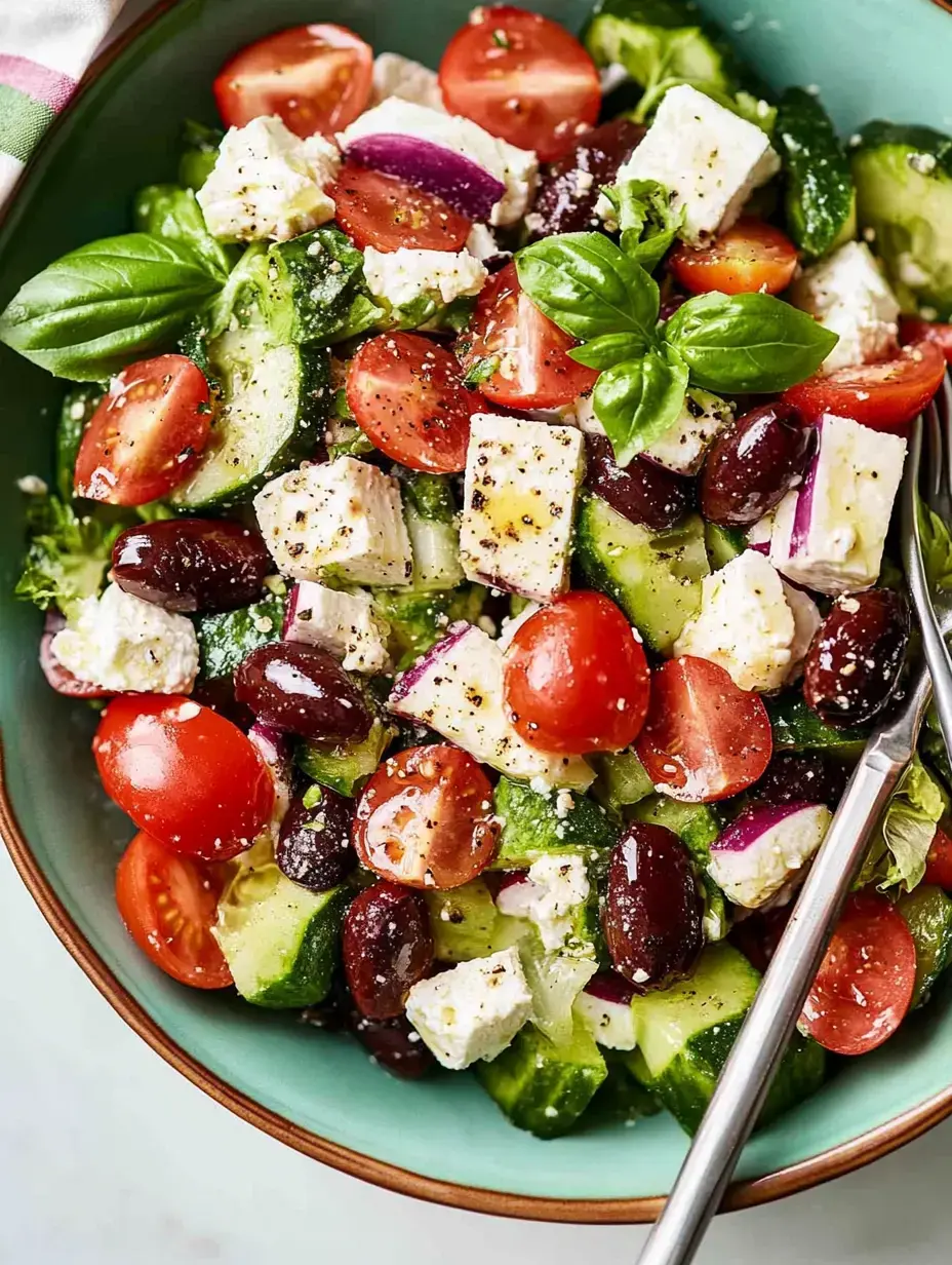 A colorful salad featuring chopped cucumbers, cherry tomatoes, black olives, feta cheese, and fresh basil in a turquoise bowl.