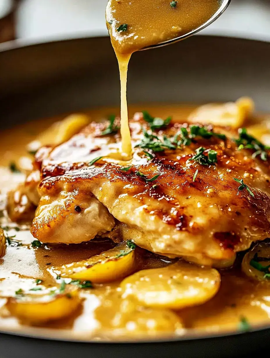 A plated chicken dish with a glossy sauce being drizzled over it, surrounded by slices of yellow squash and garnished with fresh herbs.