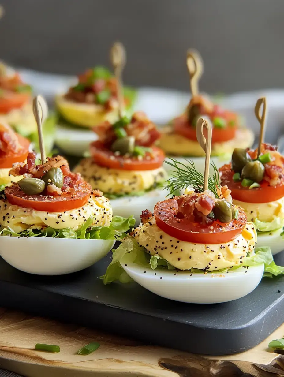 A close-up of deviled eggs topped with bacon, sliced tomatoes, capers, and garnished with lettuce and herbs, arranged on a black serving platter.