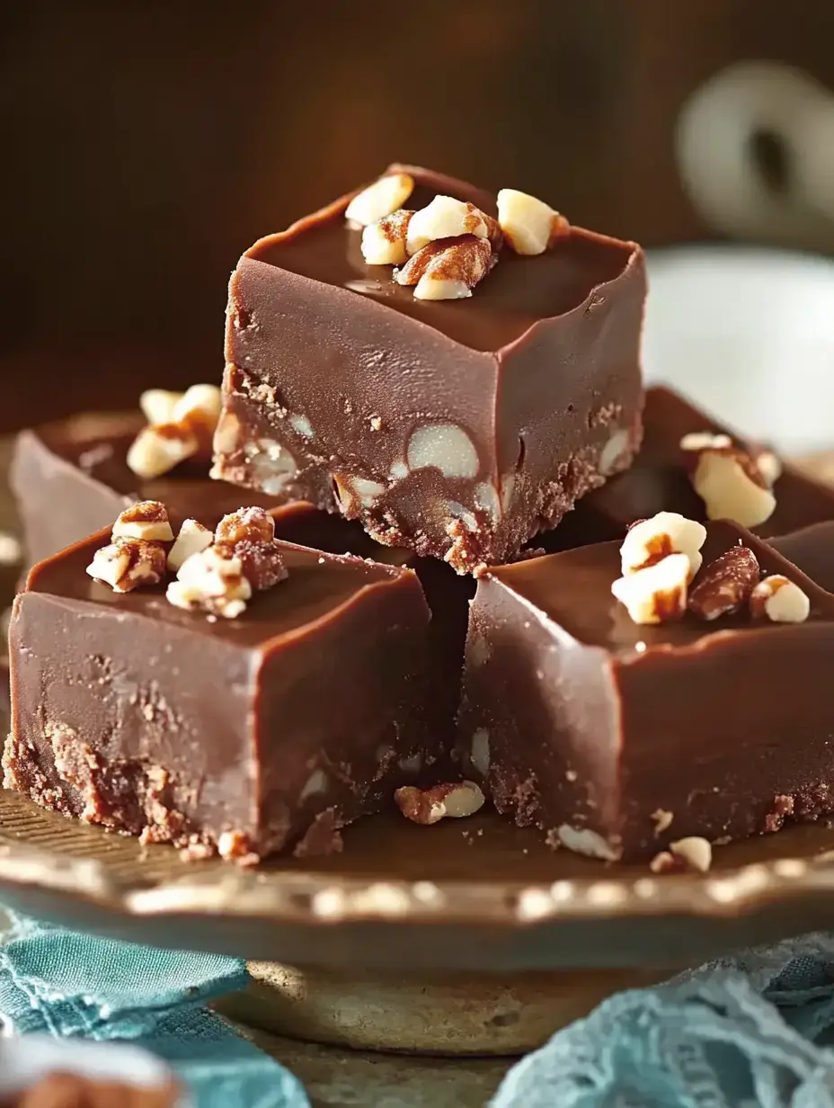 A close-up image of rich chocolate fudge squares topped with chopped nuts, displayed on a decorative plate.