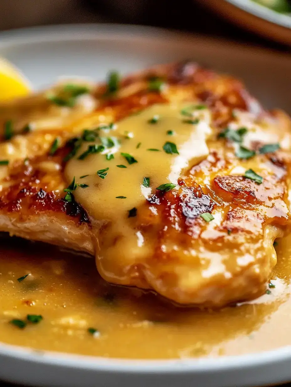 A close-up of a grilled chicken breast topped with a creamy sauce and garnished with parsley, served on a white plate with a lemon wedge.