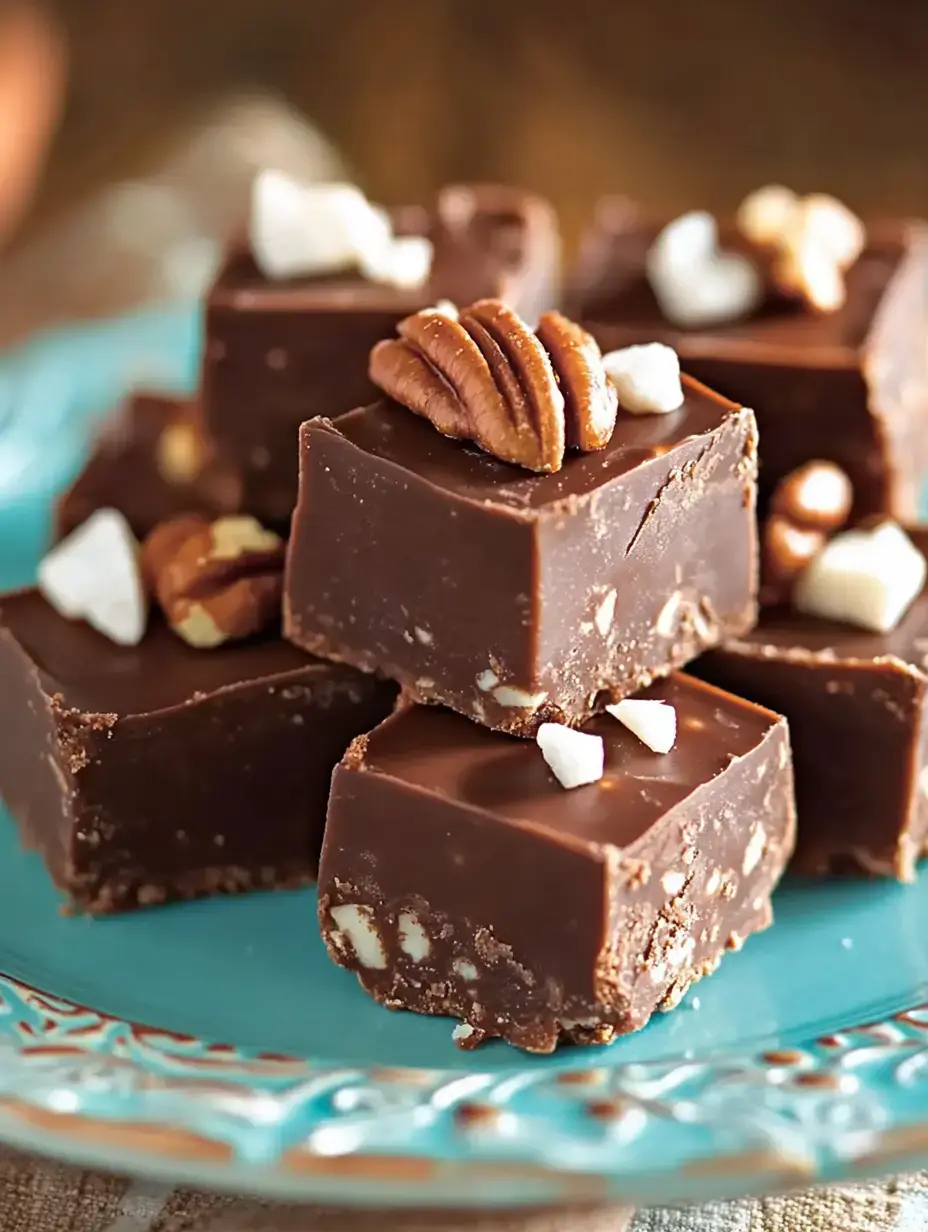 A close-up of chocolate fudge squares topped with pecans and flaky salt, served on a decorative turquoise plate.