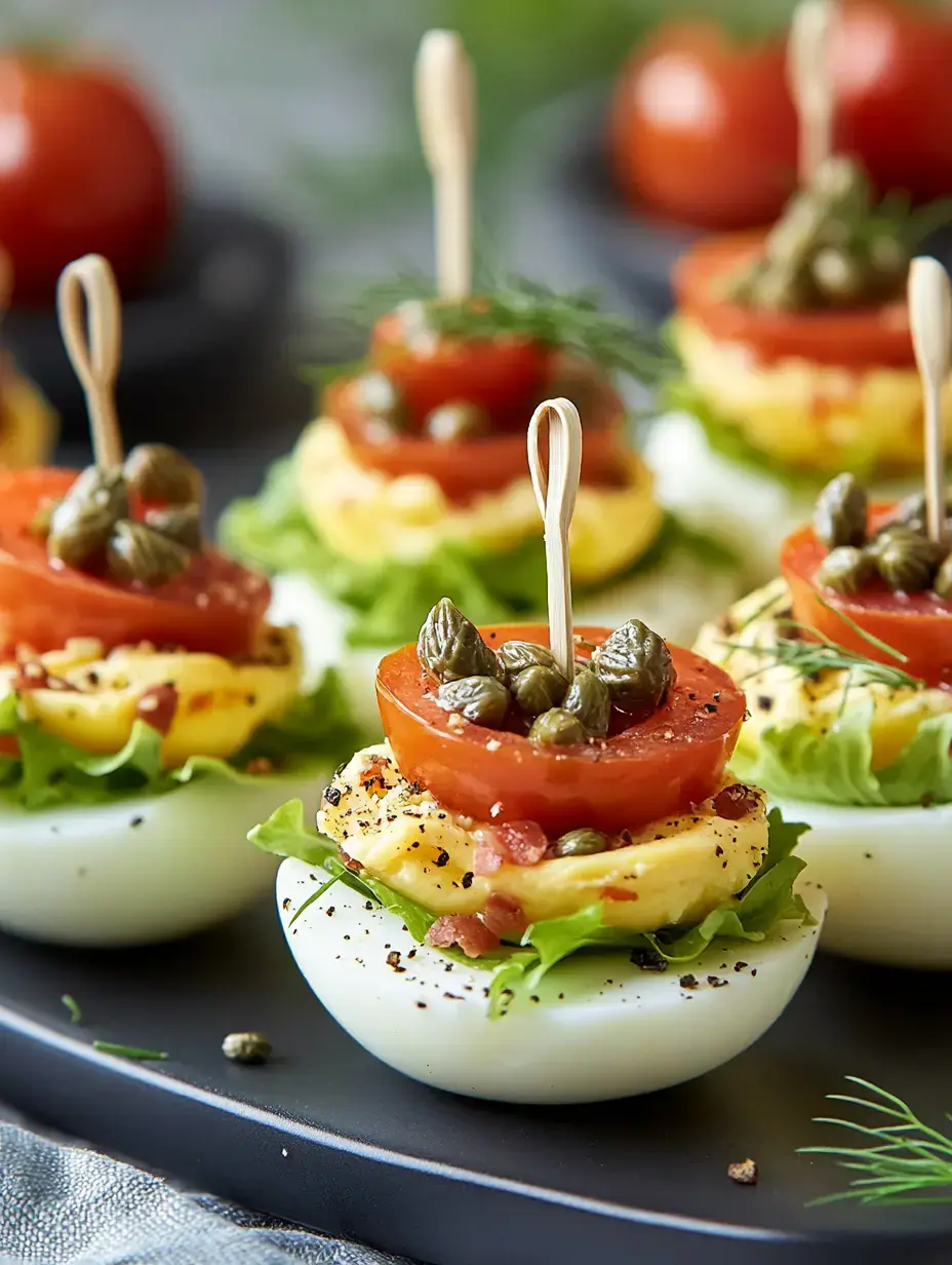 A close-up of decorated halved boiled eggs topped with layers of lettuce, tomato, capers, and a dollop of yellow filling, arranged on a black platter.