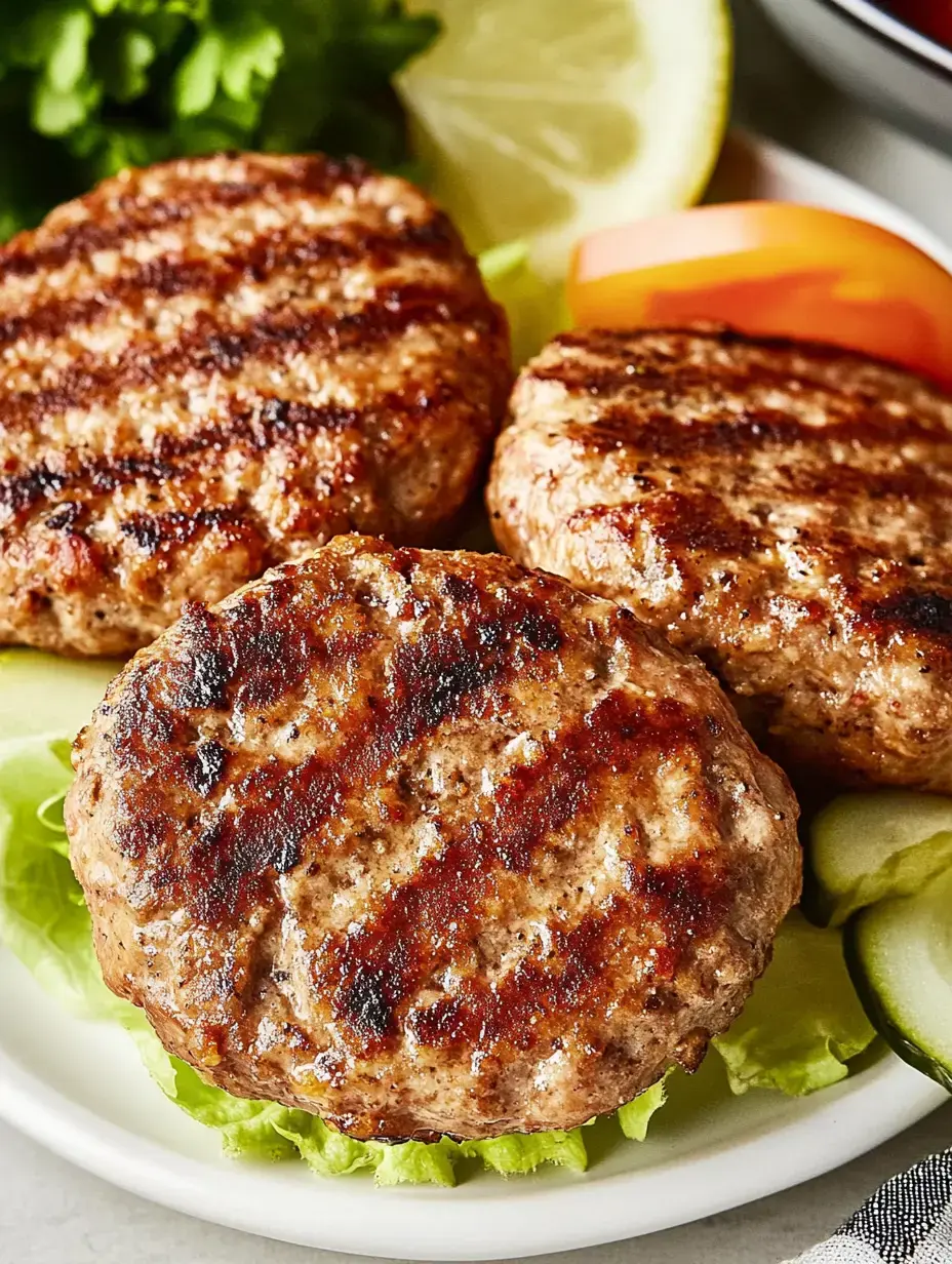 Grilled burger patties are served on a plate with lettuce, tomato, lime, and cucumber.