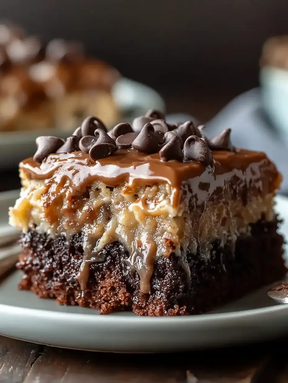 A slice of chocolate cake topped with a glossy layer of caramel and coconut frosting, garnished with chocolate chips, served on a light blue plate.