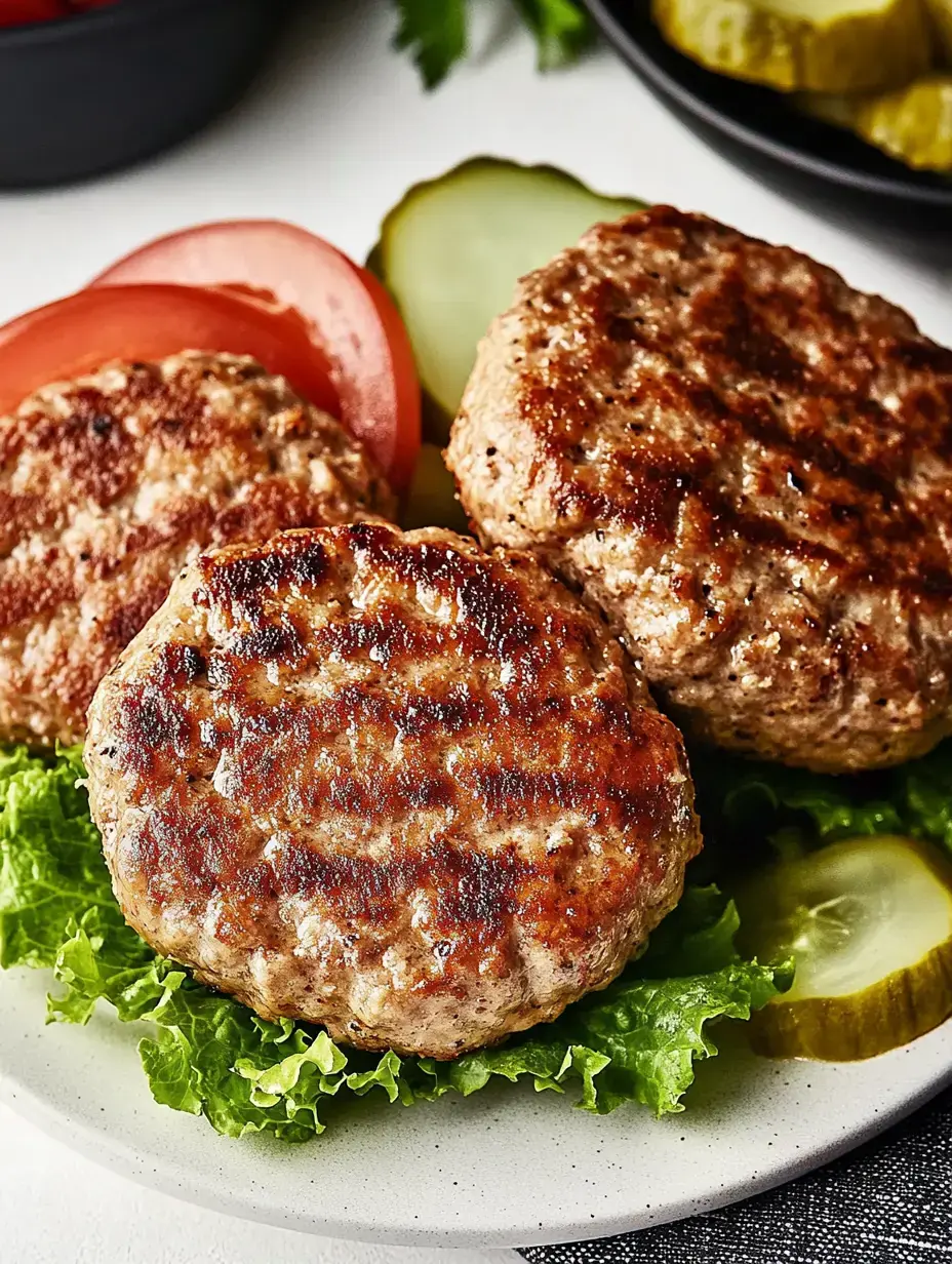 Three grilled meat patties are served on a bed of lettuce, accompanied by slices of tomato and pickles.