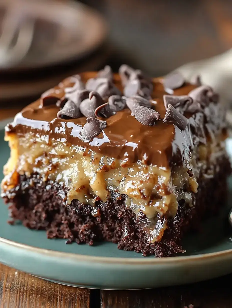 A close-up image of a slice of chocolate cake topped with a glossy layer of chocolate frosting and chocolate chips.