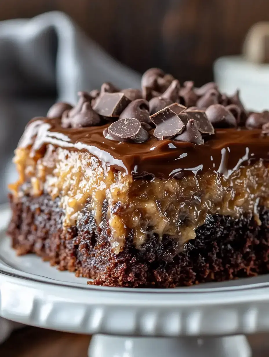 A close-up view of a chocolate dessert topped with a glossy layer of caramel and chocolate chips.