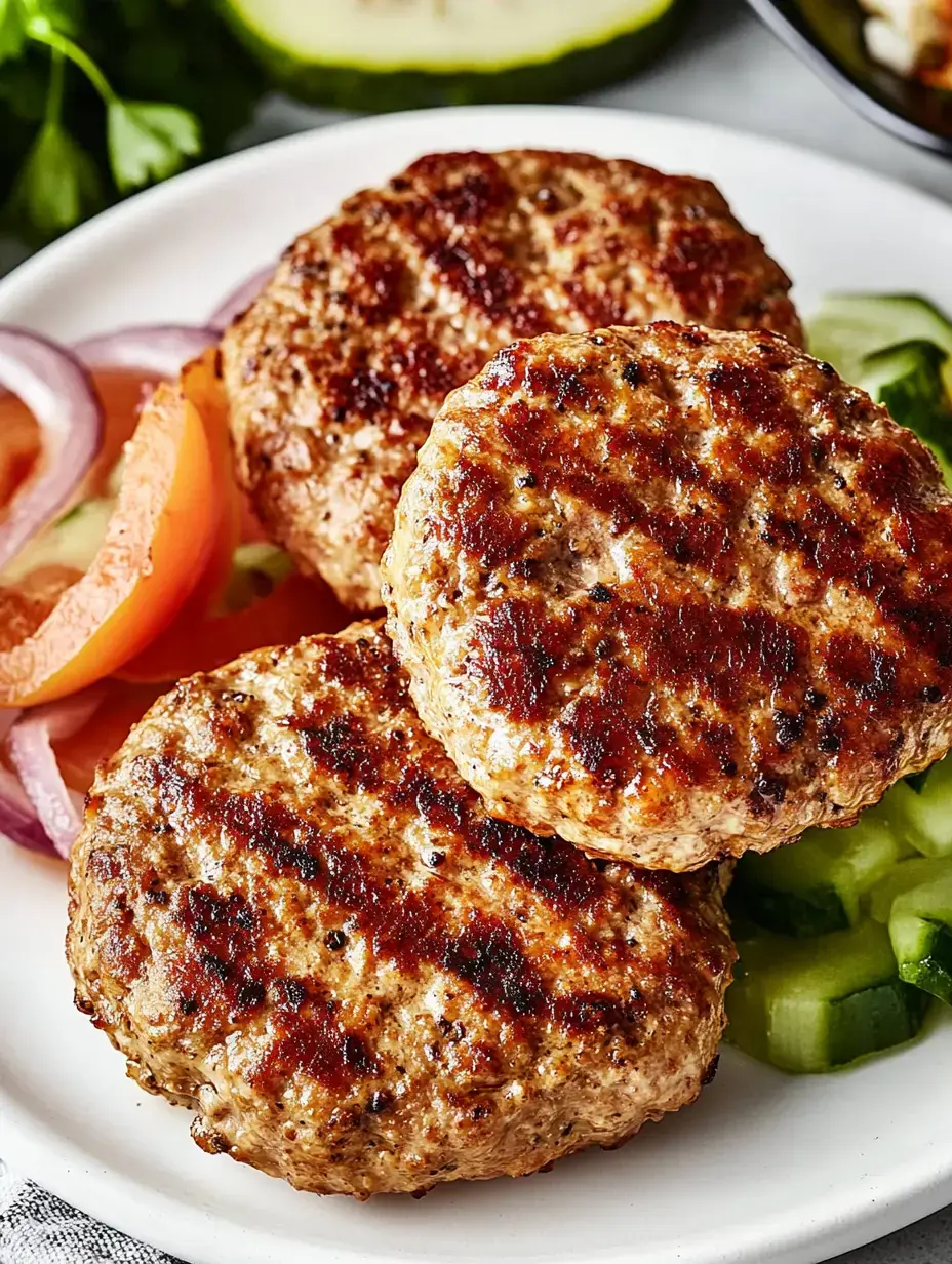 Three grilled meat patties are served on a white plate alongside slices of tomato, red onion, and cucumber.