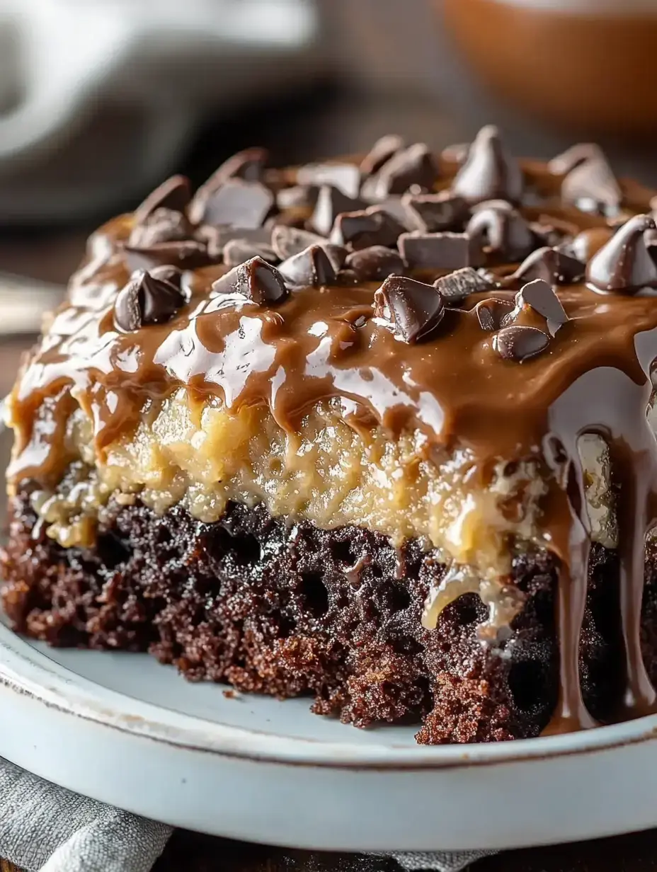 A close-up of a moist chocolate cake topped with a creamy filling and drizzled with chocolate, garnished with chocolate chips.