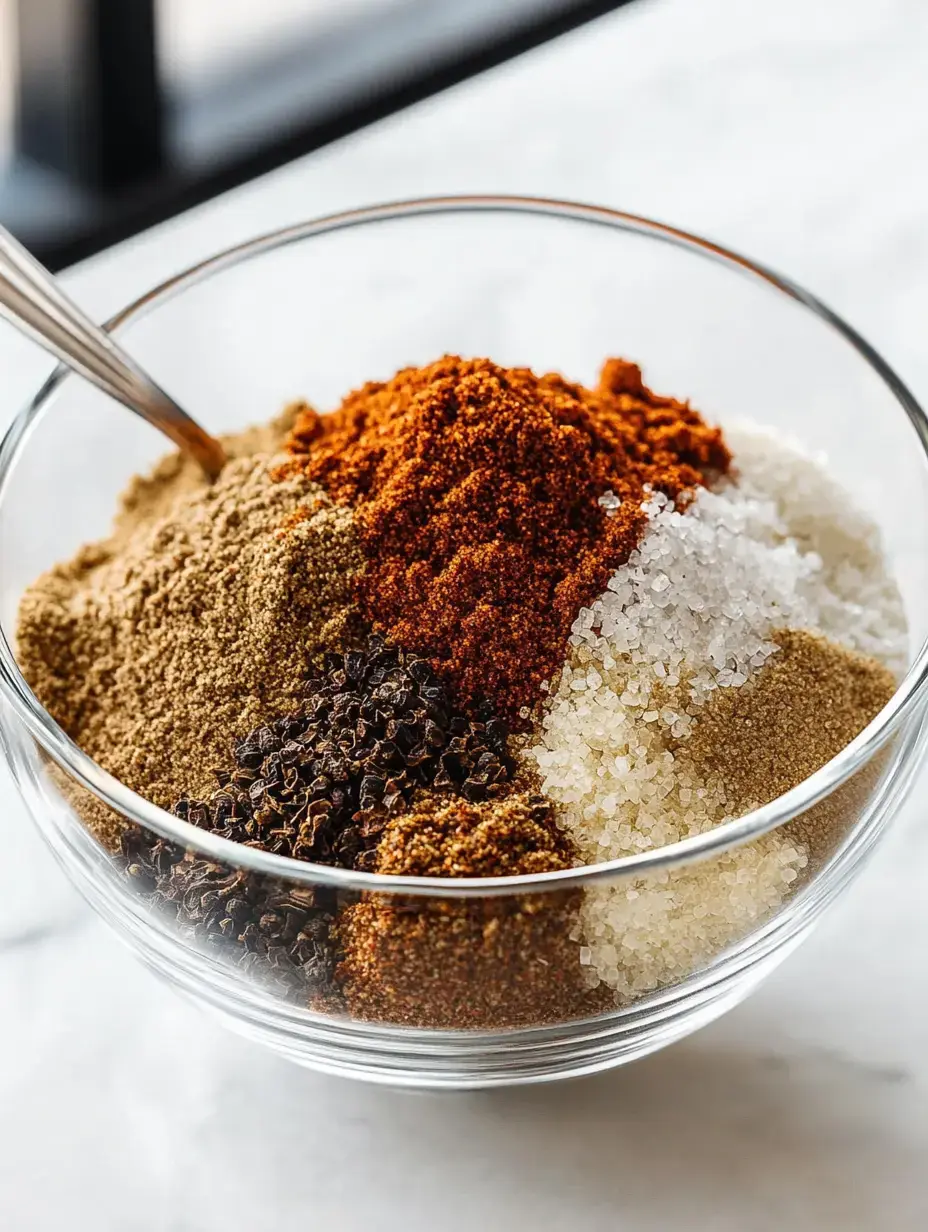 A clear glass bowl filled with various spices and sugars, displaying distinct mounds of different colors and textures.