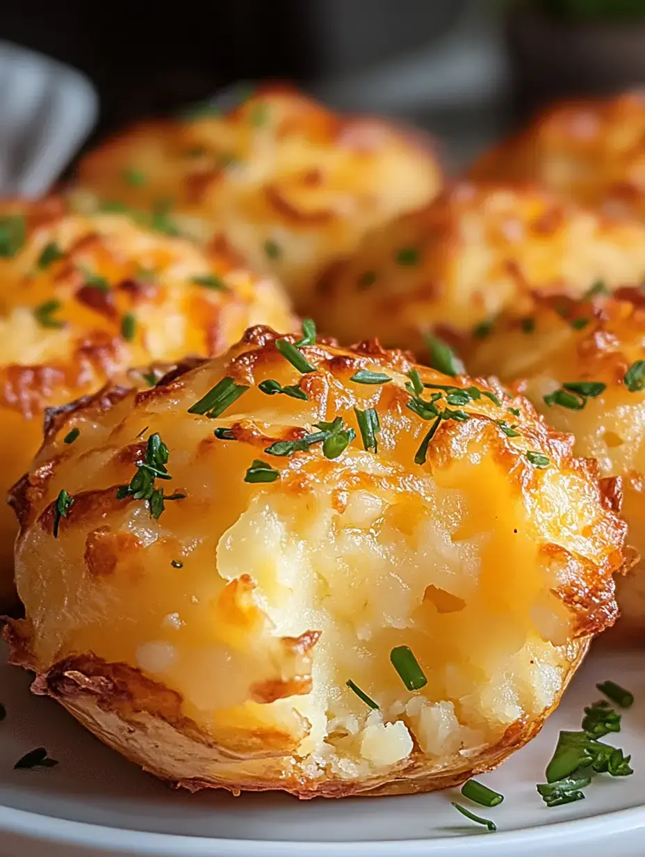 A close-up of golden-brown, cheesy potato muffins topped with chopped chives on a white plate.