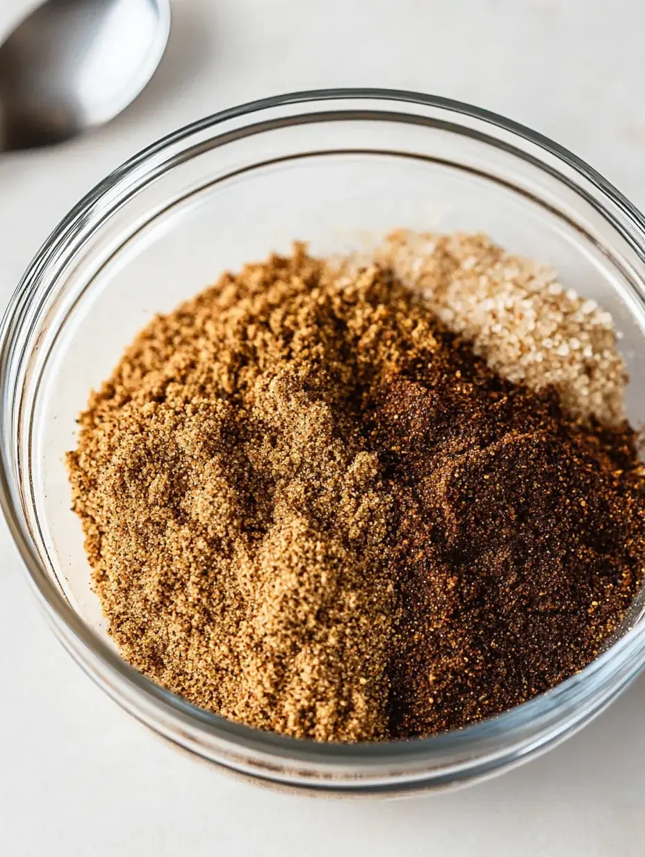 A glass bowl filled with various types of ground spices and sugars.