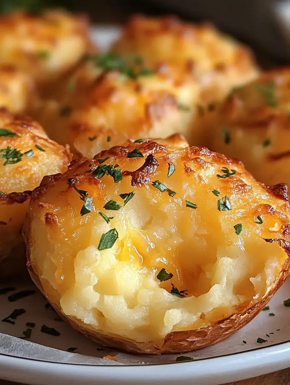 A close-up of golden-brown, cheesy baked potato halves garnished with chopped parsley.