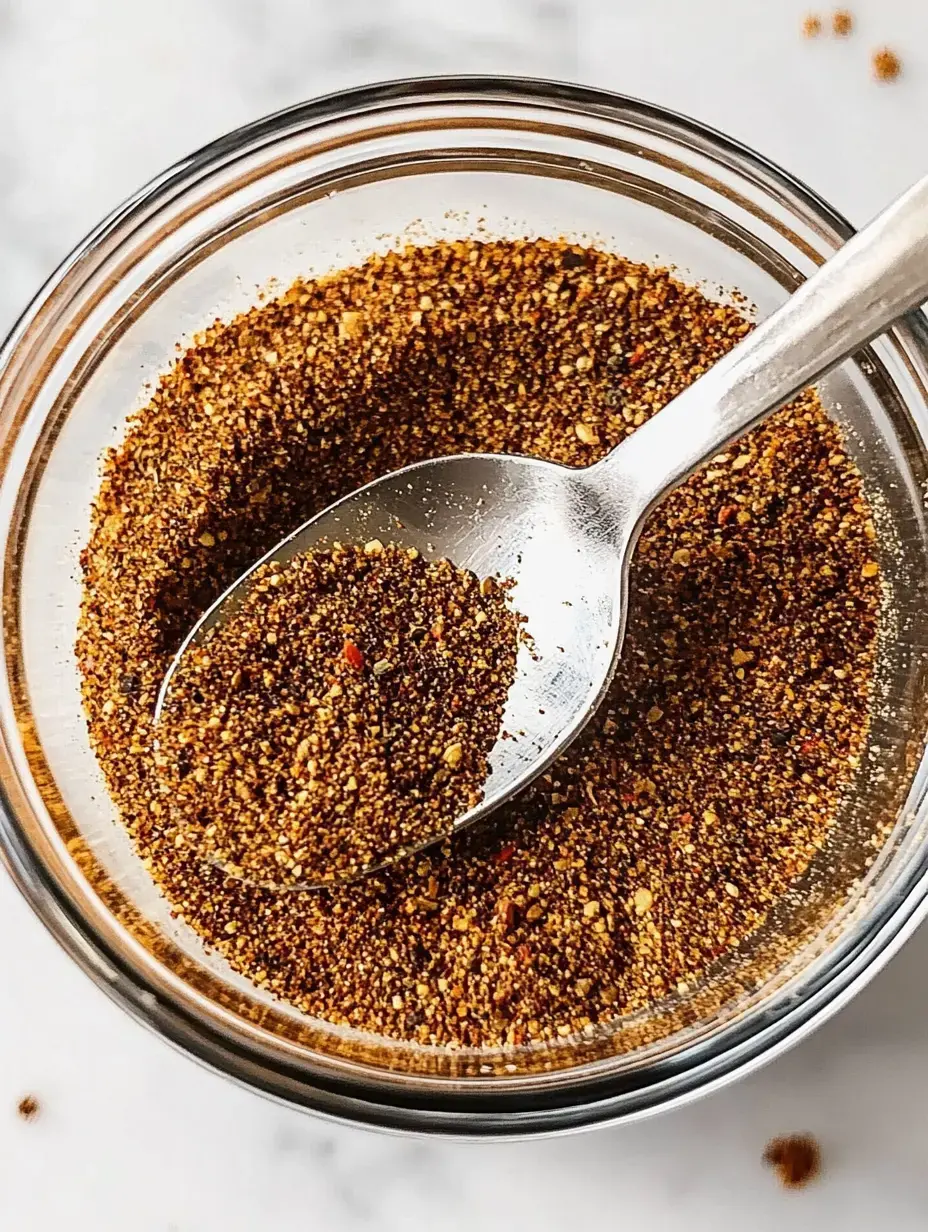 A close-up image of a glass bowl filled with a mixture of spices, with a silver spoon resting inside.