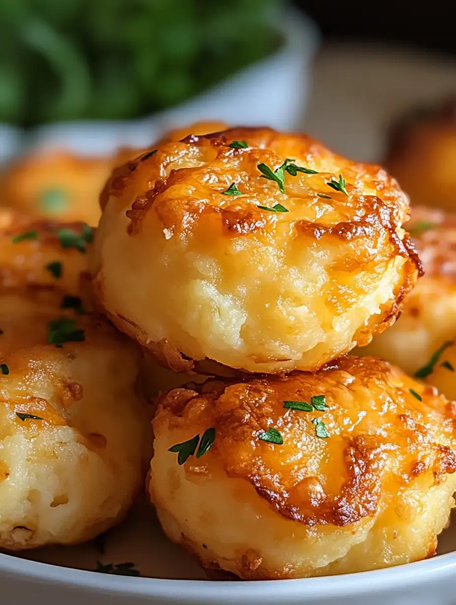 A close-up of golden-brown, cheesy potato pancakes garnished with chopped parsley, arranged on a plate.