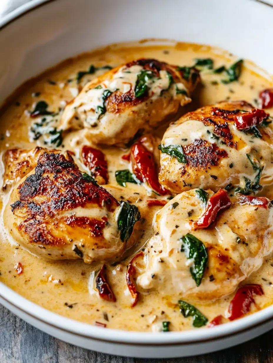 A creamy dish featuring tender chicken breasts cooked in a sauce with spinach and sun-dried tomatoes.