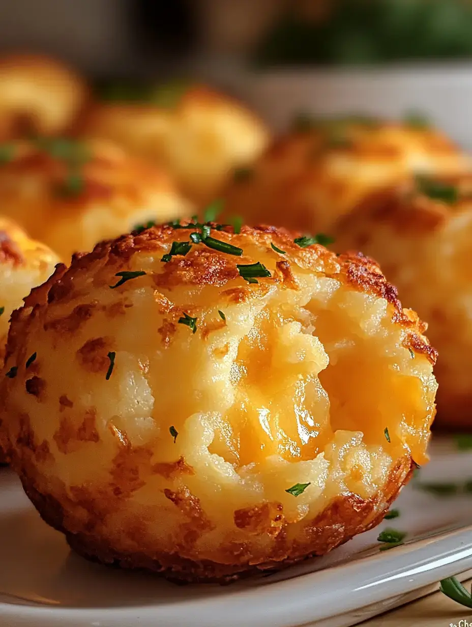 A close-up of a cheesy, golden-brown potato ball garnished with chopped chives, on a white plate.