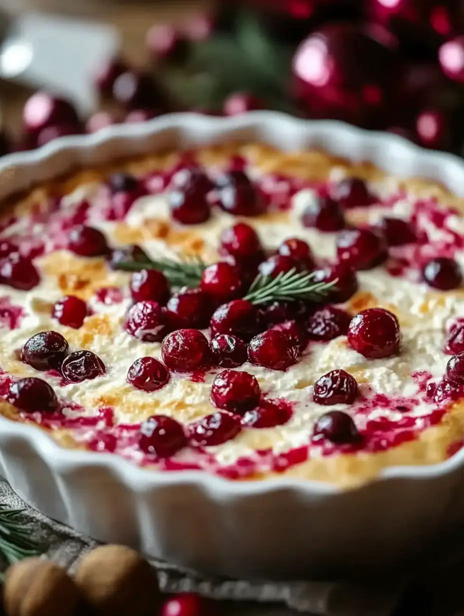 A baked dish topped with fresh cranberries and garnished with a sprig of rosemary, set against a festive background.