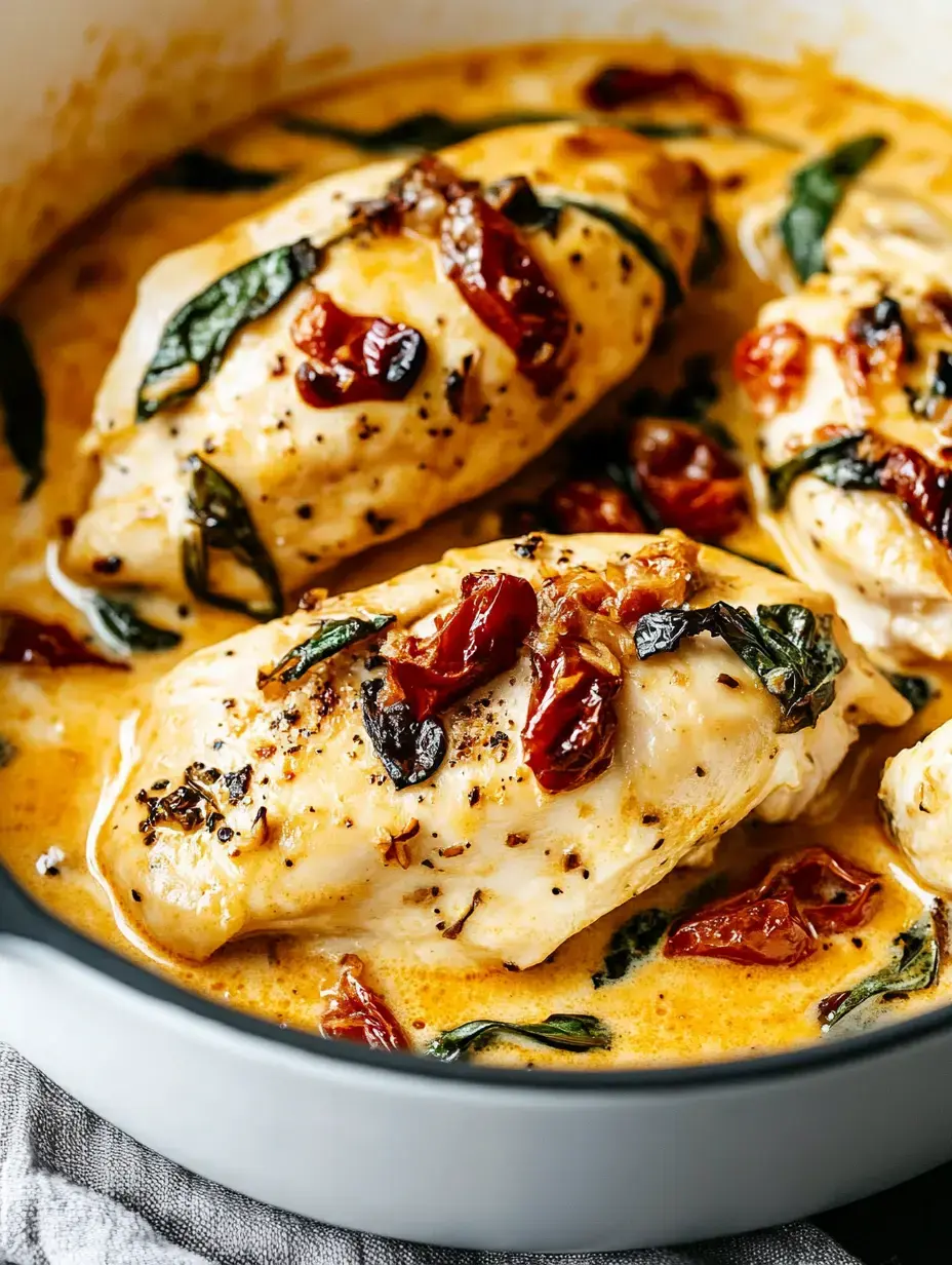 A creamy dish of chicken breasts cooked with spinach and sun-dried tomatoes in a rich sauce.