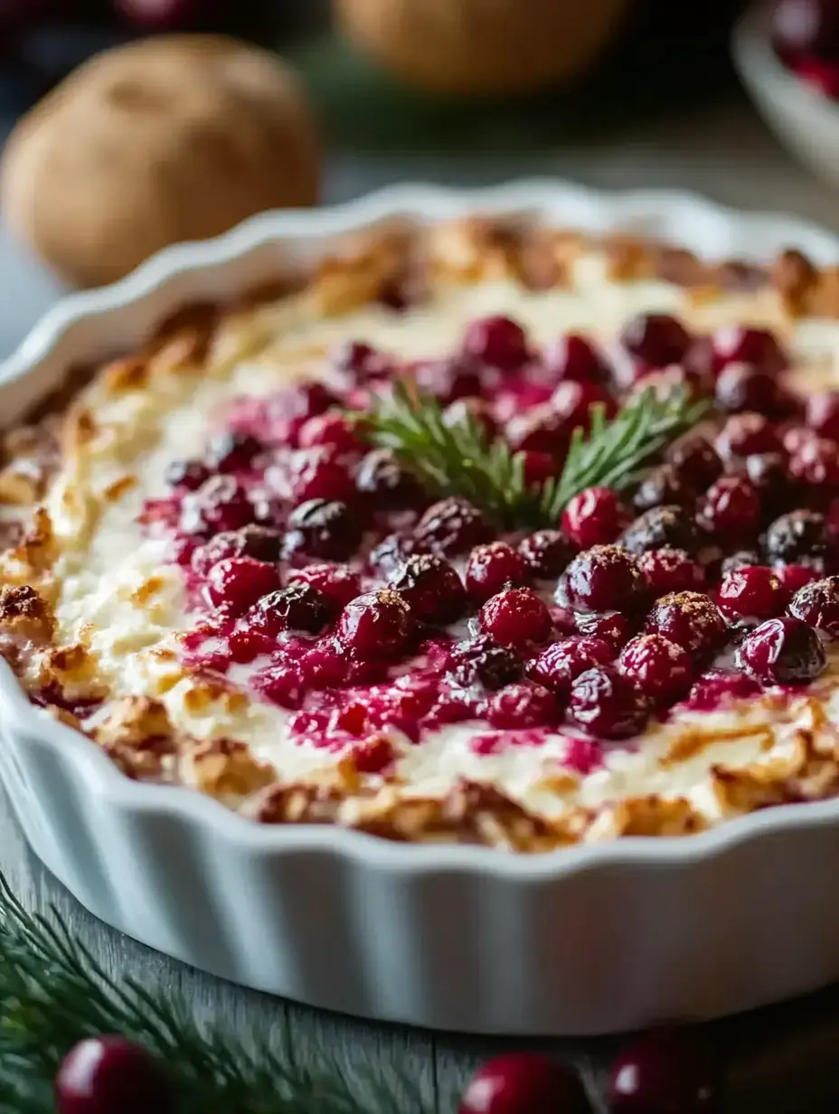 A baked dish topped with red cranberries and a sprig of greenery, set in a white baking dish, with soft, golden edges.