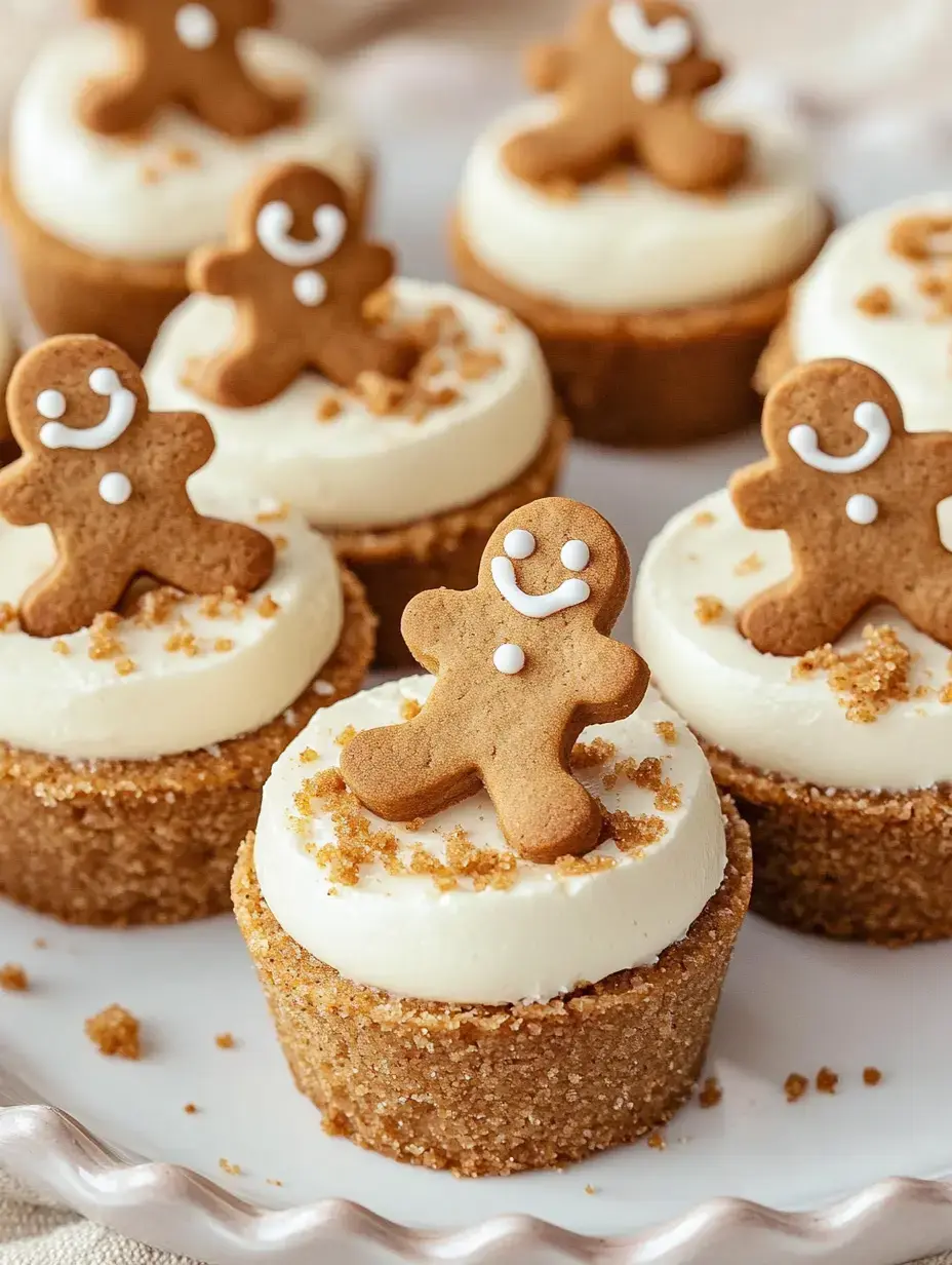 A plate of mini cheesecakes topped with cream frosting and gingerbread cookie figures, sprinkled with brown sugar.