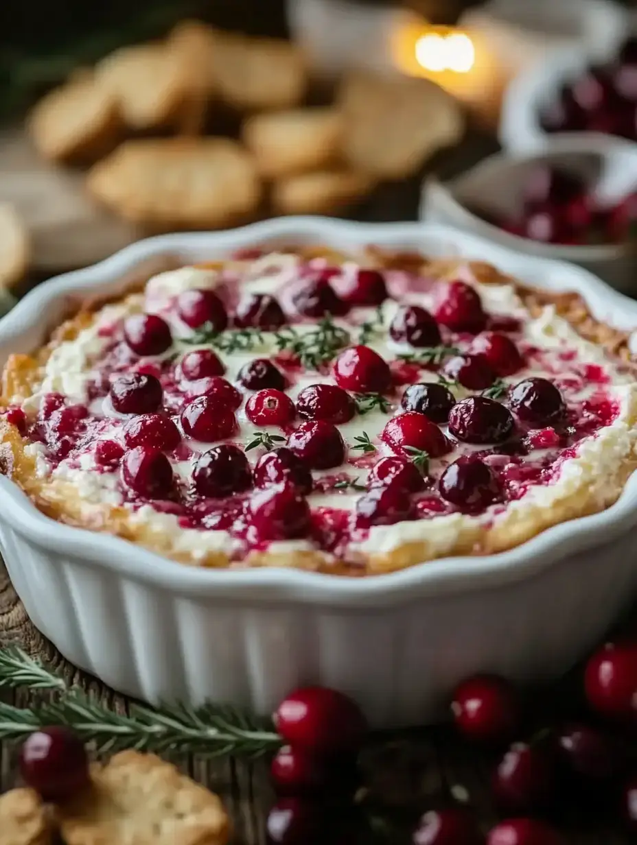 A baked dish topped with fresh cranberries and herbs is surrounded by cookies and additional cranberries on a wooden table.