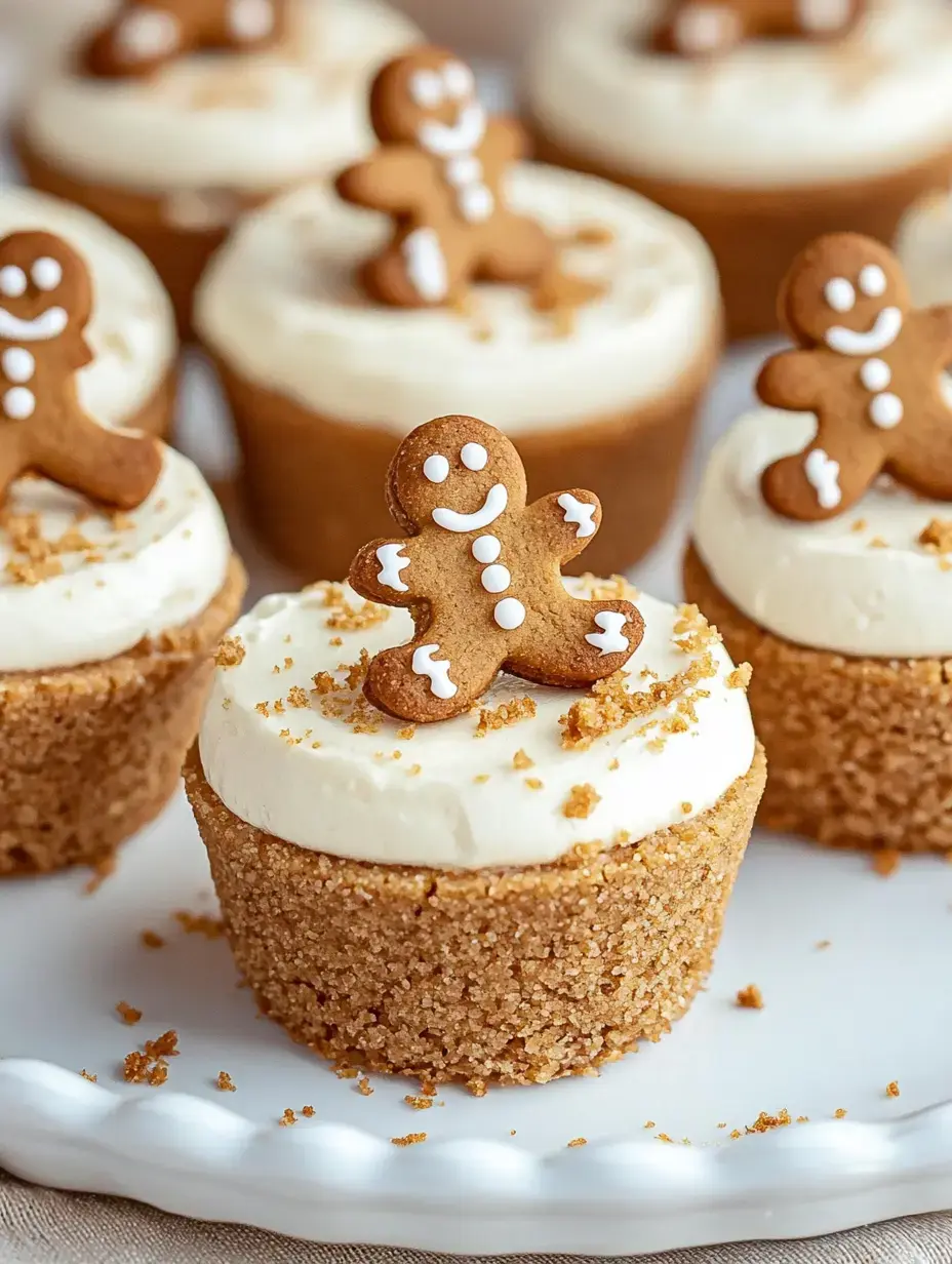 A plate of mini cheesecakes topped with creamy frosting and gingerbread man decorations.