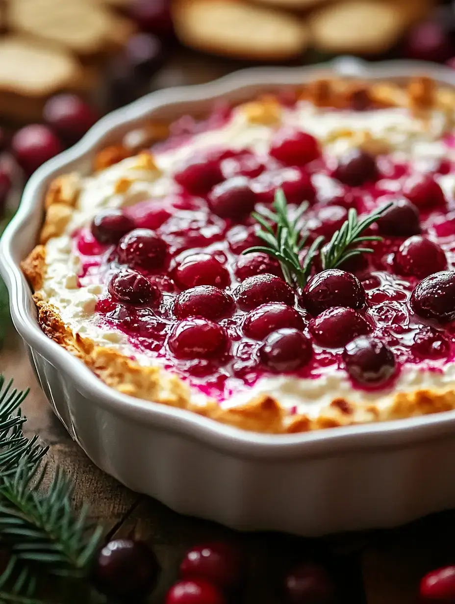 A creamy dessert topped with glossy cranberries and garnished with a sprig of rosemary, presented in a white dish on a wooden table.