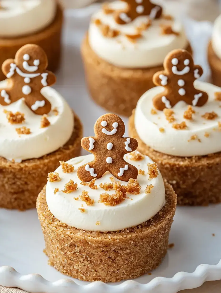 A close-up of festive gingerbread mini cakes topped with cream and small gingerbread cookie decorations.