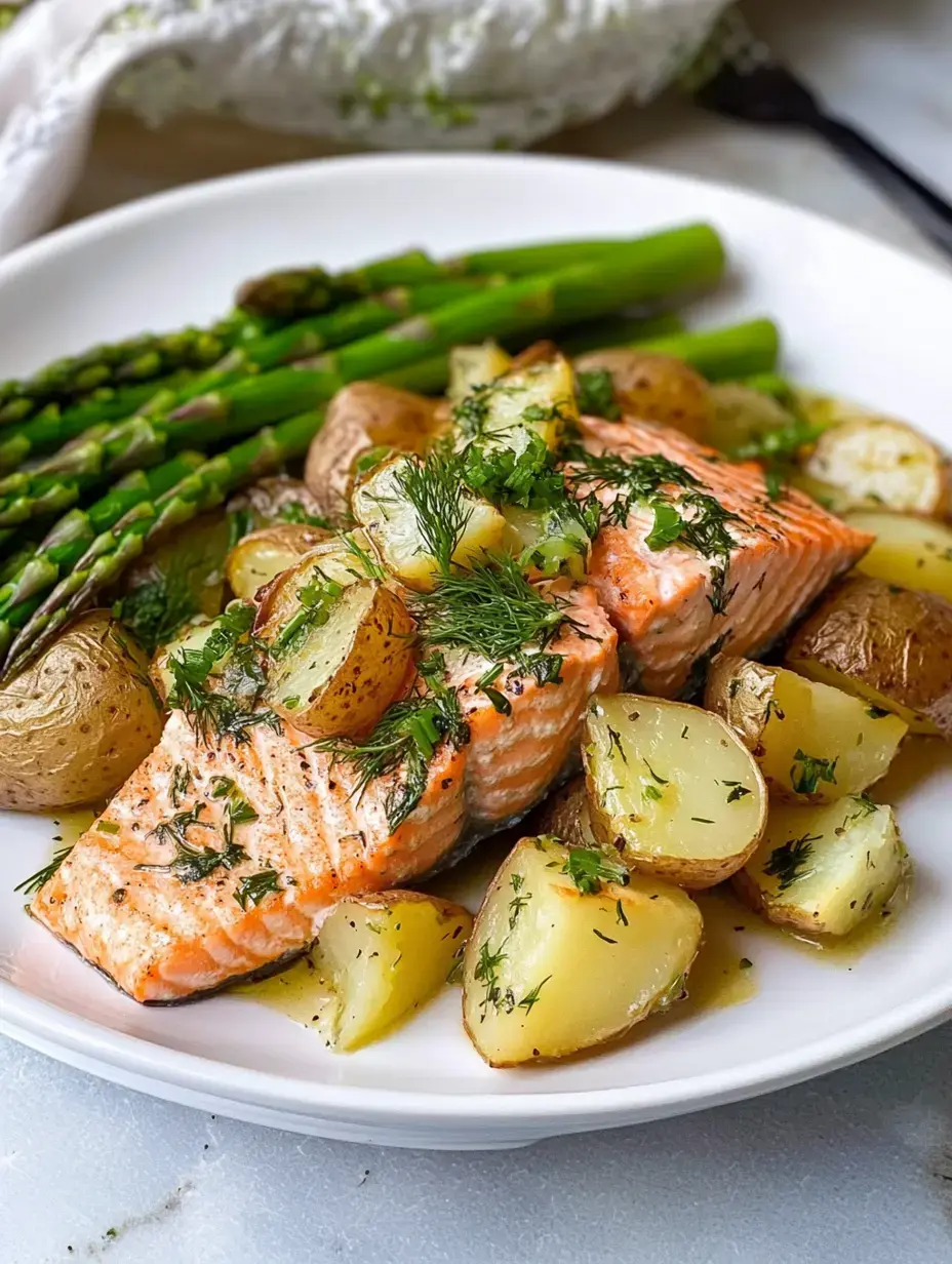 A plate of salmon fillets topped with fresh dill, accompanied by roasted baby potatoes and asparagus.