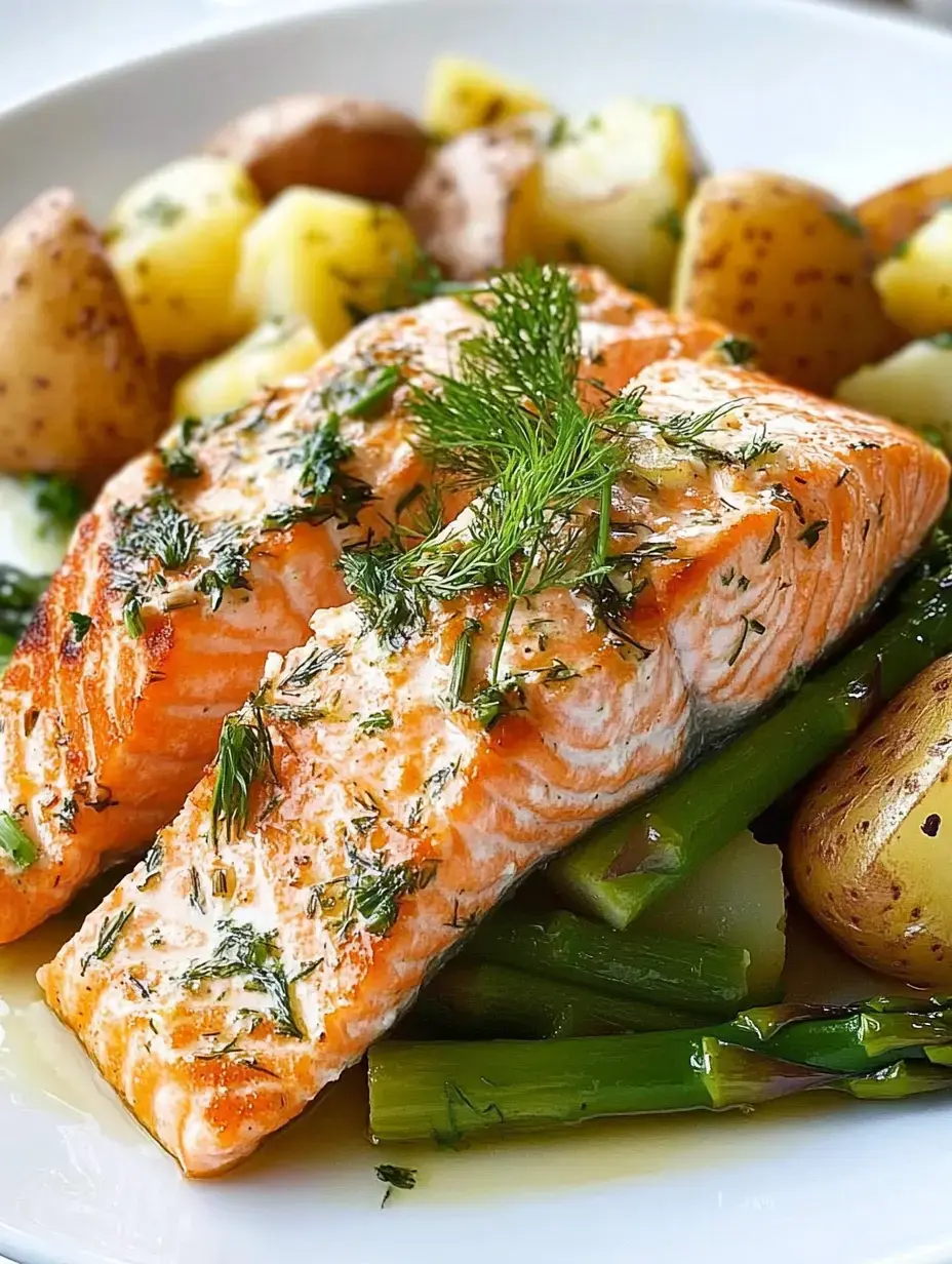 A plate of grilled salmon garnished with fresh dill, accompanied by asparagus and roasted potatoes.