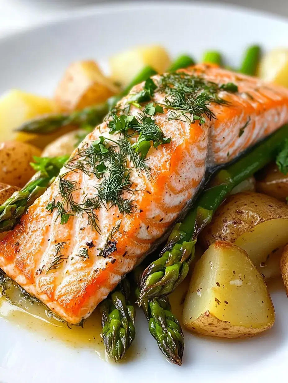 A plate featuring a fillet of salmon garnished with herbs, accompanied by asparagus and roasted baby potatoes.