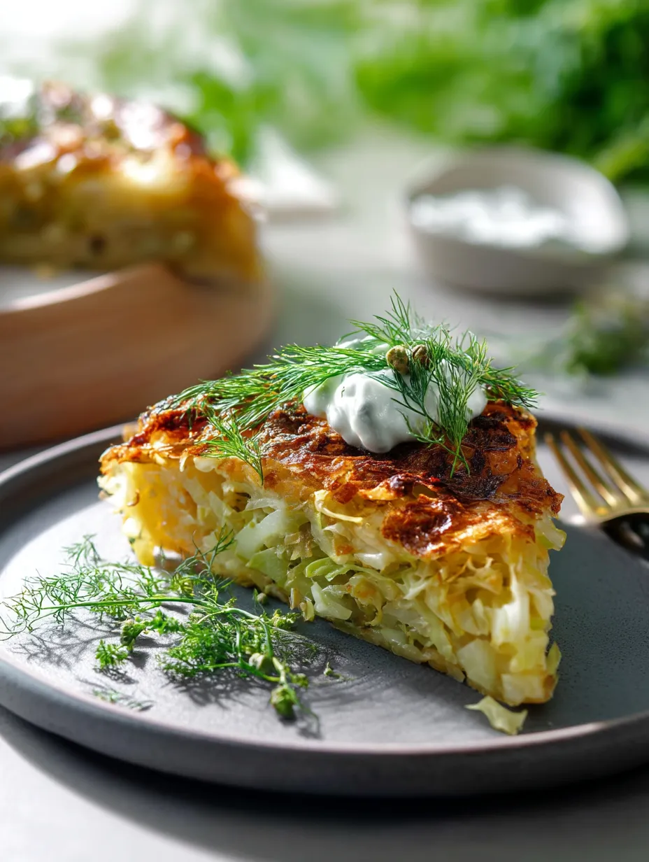 A slice of cabbage pie with white sauce on top.