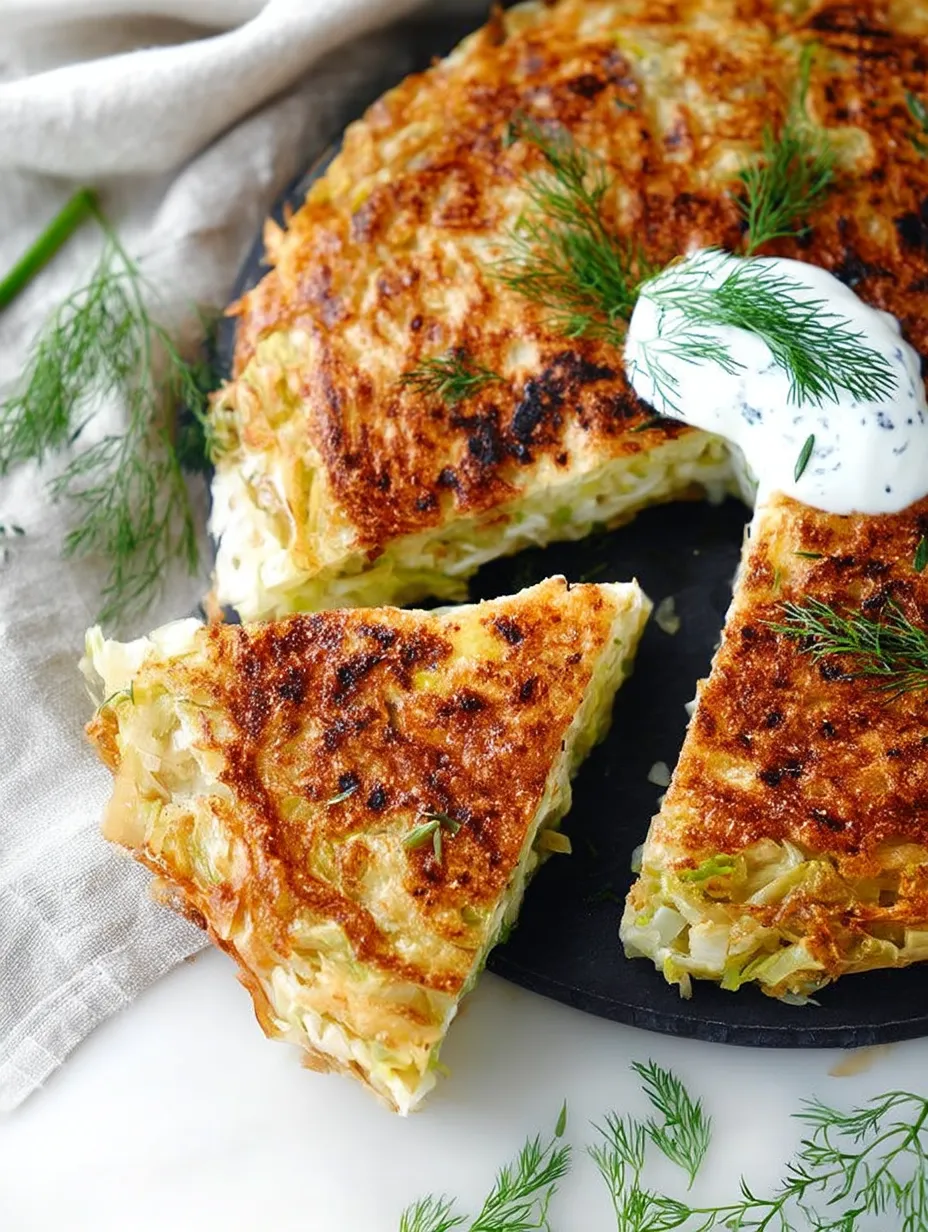 A slice of cabbage pie with a dollop of sour cream on top.