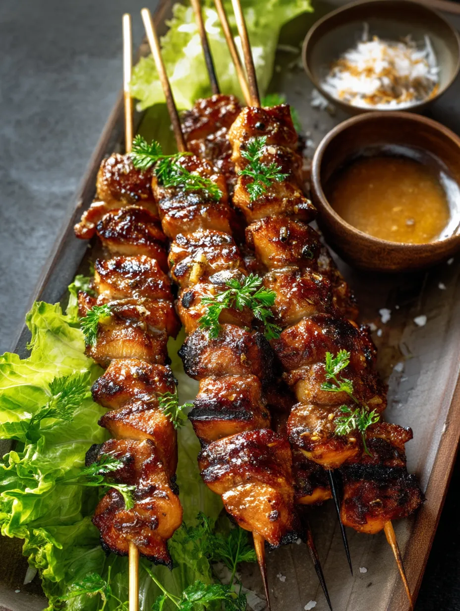 A plate of Thai Coconut Chicken Skewers.