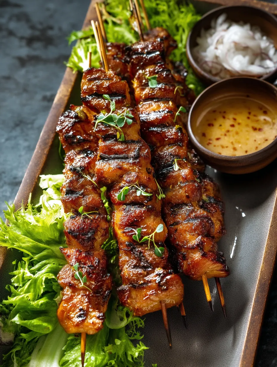 A plate of Grilled Thai Coconut Chicken Skewers.